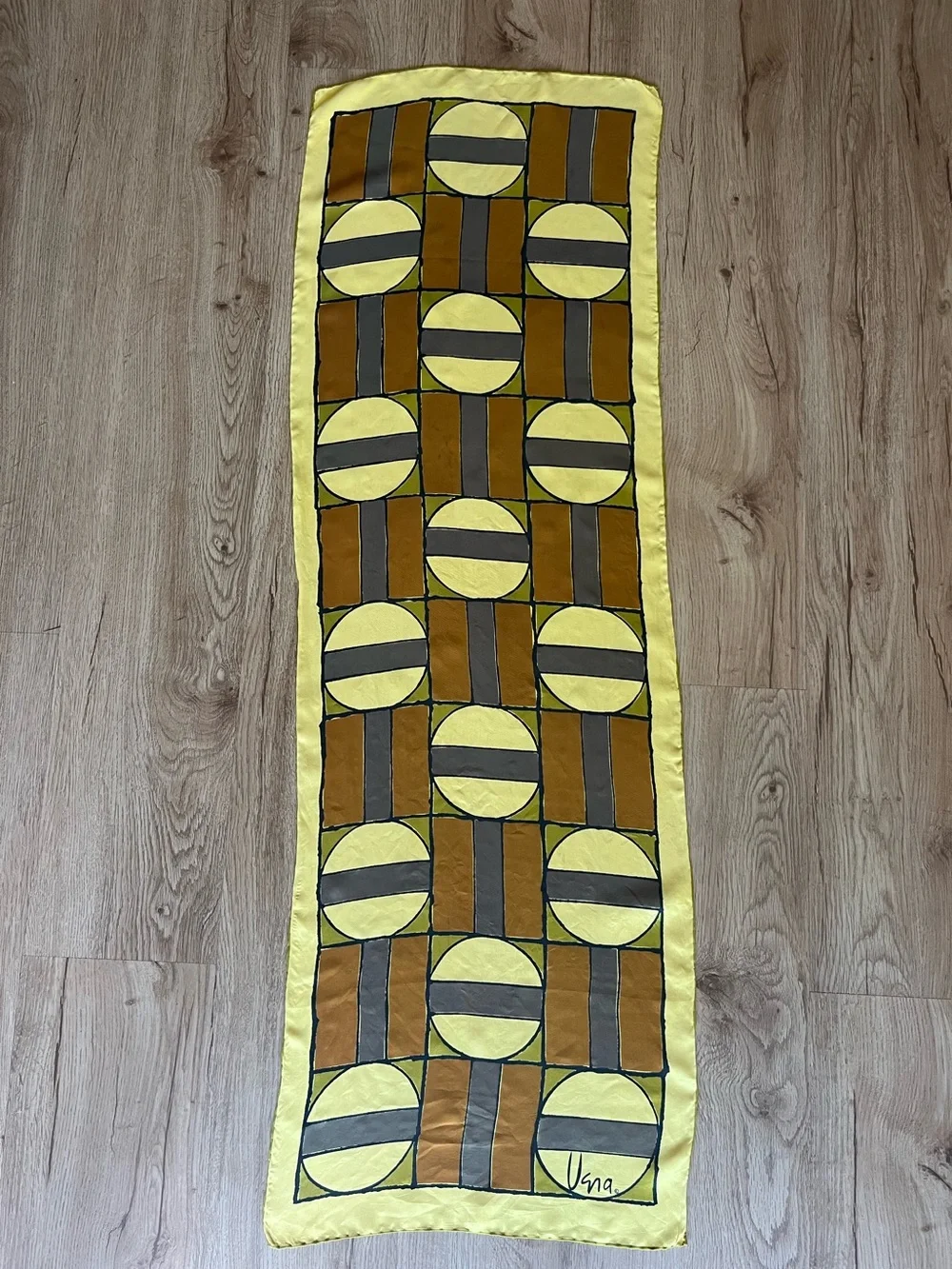 Vera Neumann Silk Vintage Scarf Yellow Geometric Abstract Hand-Rolled Hem 44”